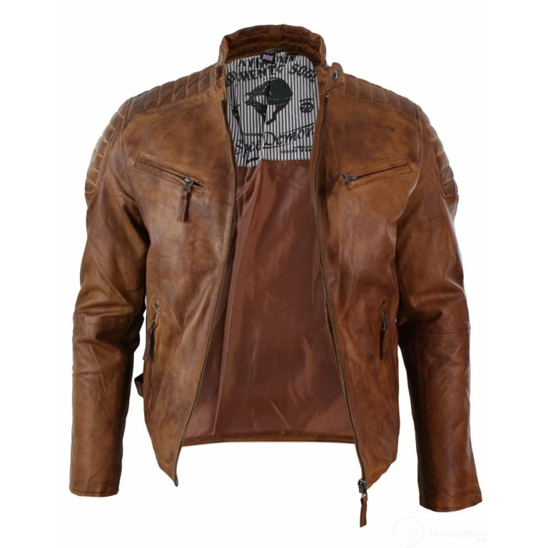 Real Washed Leather Slim Fit Retro Style Zipped Mens Biker Jacket Tan ...