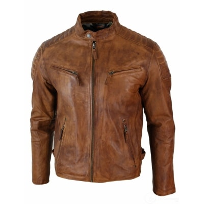 Real Washed Leather Slim Fit Retro Style Zipped Mens Biker Jacket Tan ...