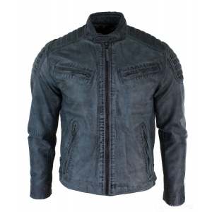 Echtes gewaschenes Leder Slim Fit Retro Style Zipped Herren Biker Jacke Tan Braun Blau Urban-Zulu Blau