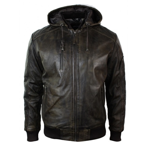 Mens Brown Washed Distressed Removable Hood Bomber Leather Jacket ...