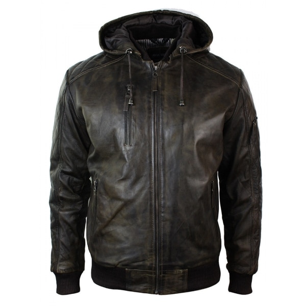 Mens Brown Washed Distressed Removable Hood Bomber Leather Jacket Quilted