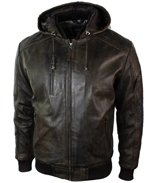 Mens Brown Washed Distressed Removable Hood Bomber Leather Jacket Quilted