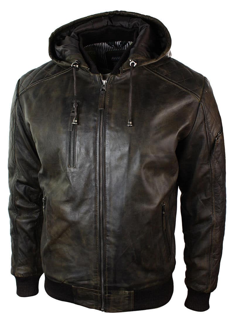 Mens Brown Washed Distressed Removable Hood Bomber Leather Jacket ...