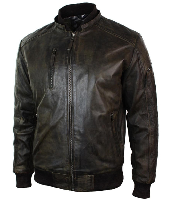 Mens Brown Washed Distressed Removable Hood Bomber Leather Jacket ...