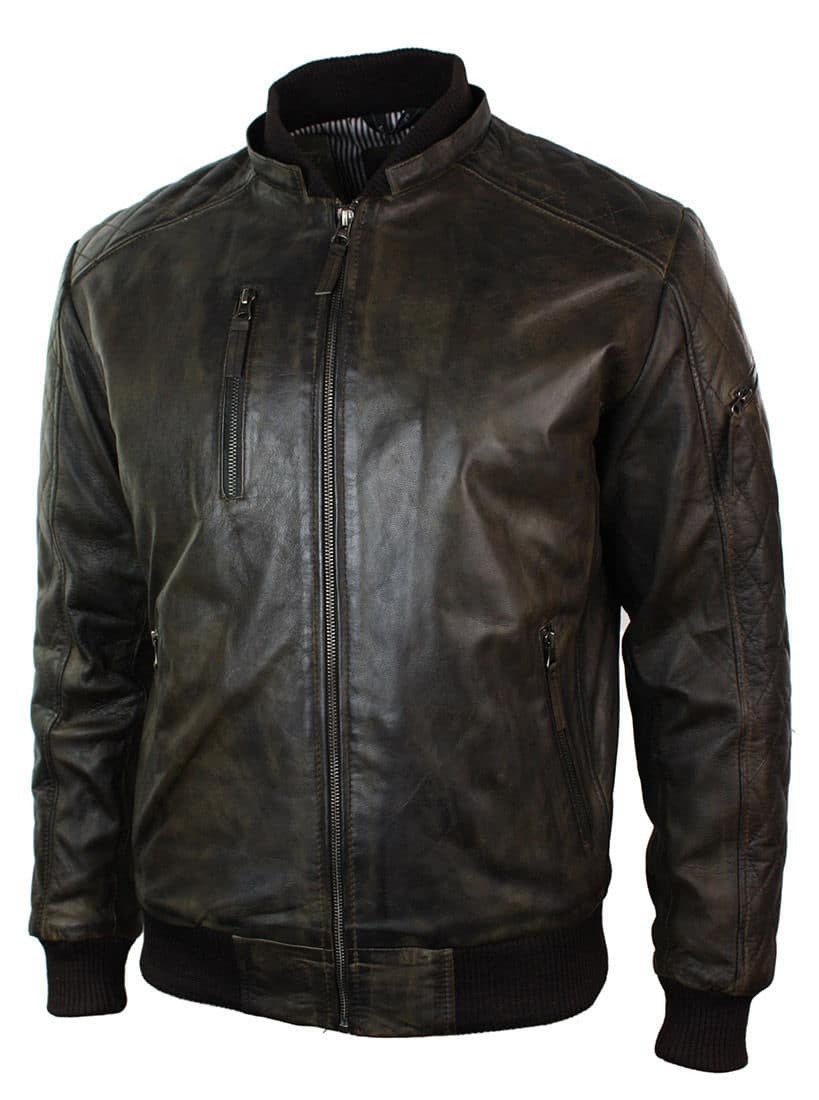 Distressed Leather Black Hooded Bomber Jacket Mens