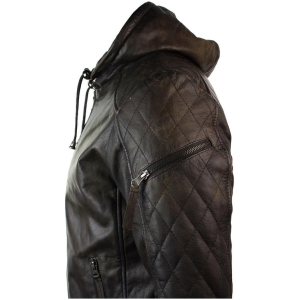 Mens Brown Washed Distressed Removable Hood Bomber Leather Jacket ...