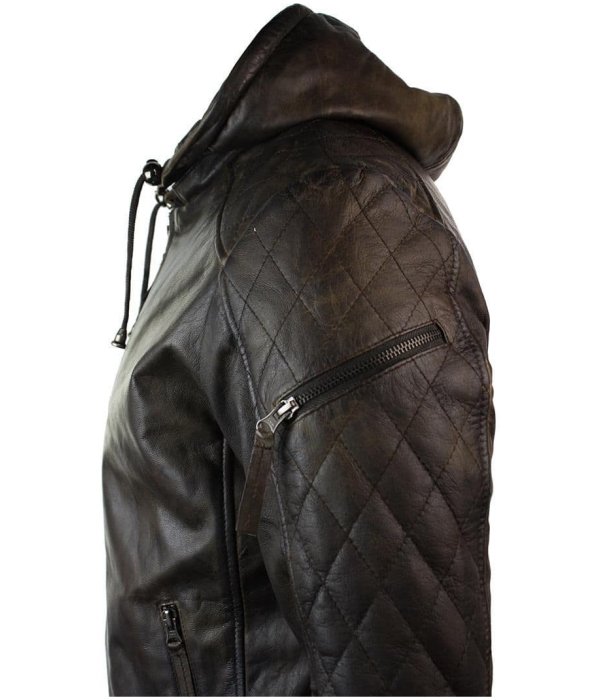 Mens Brown Washed Distressed Removable Hood Bomber Leather Jacket Quilted