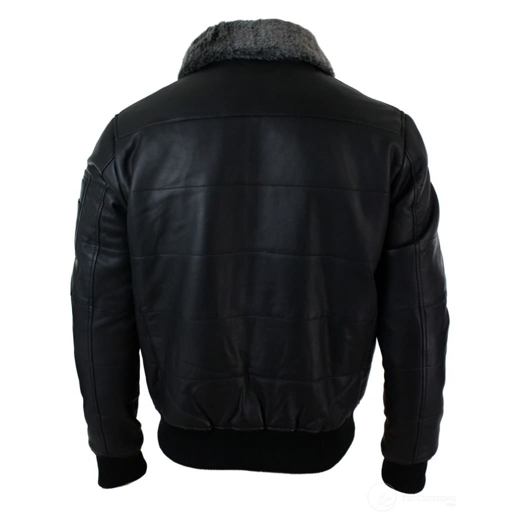 Mens Puffer Quilted Real Leather Pilot Fur Collar Bomber Jacket Black ...
