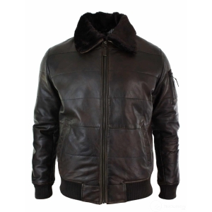 Mens Puffer Quilted Real Leather Pilot Fur Collar Bomber Jacket Black Vintage Brown-Brown