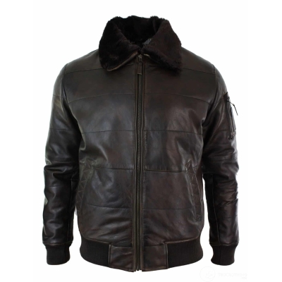 Mens Puffer Quilted Real Leather Pilot Fur Collar Bomber Jacket Black Vintage Brown-Brown