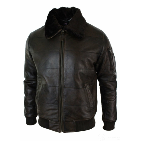 Mens Puffer Quilted Real Leather Pilot Fur Collar Bomber Jacket Black ...