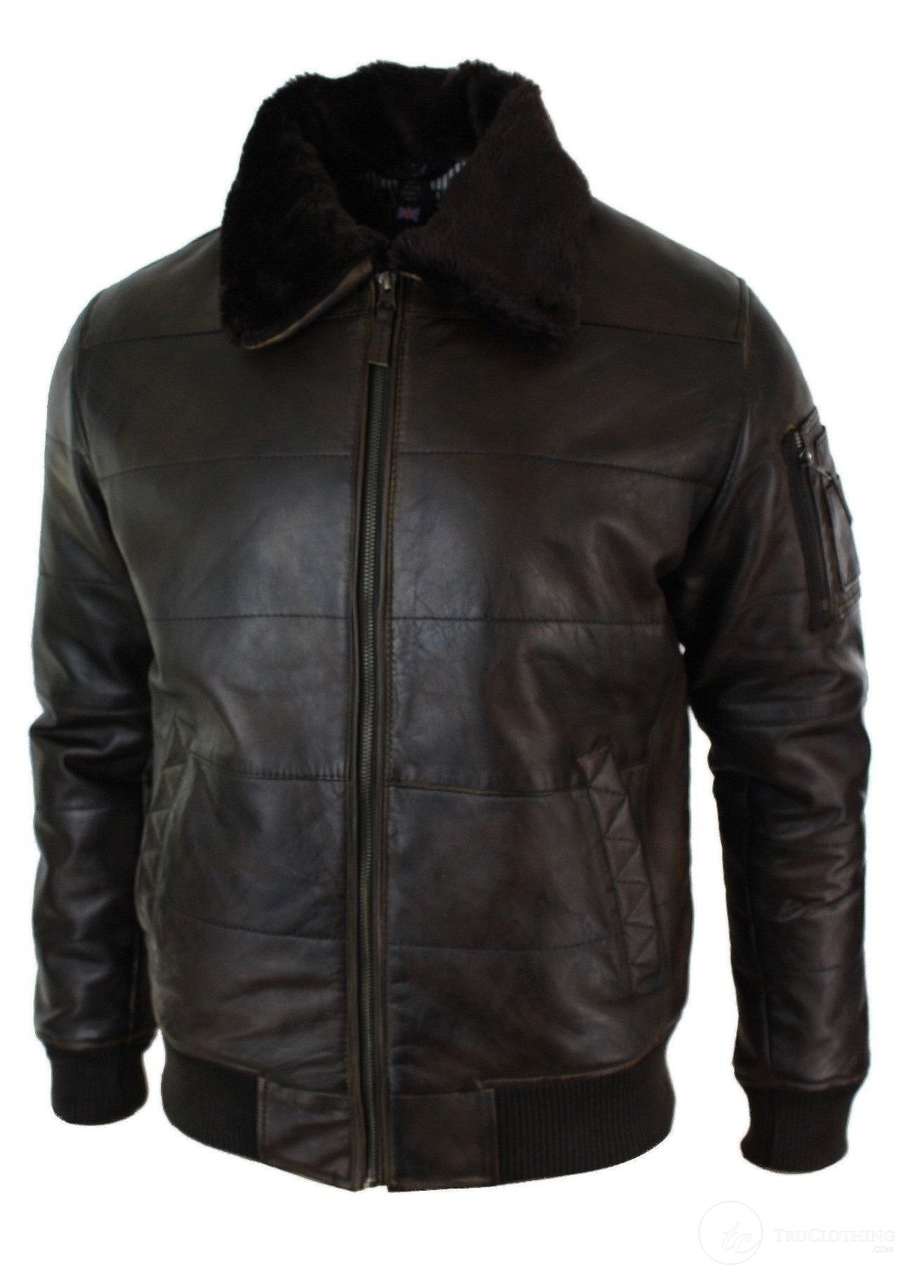 Mens Puffer Quilted Real Leather Pilot Fur Collar Bomber Jacket Black ...