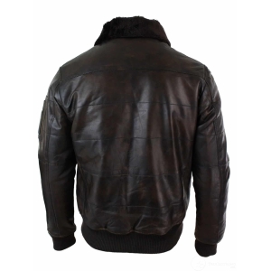 Mens Puffer Quilted Real Leather Pilot Fur Collar Bomber Jacket Black ...