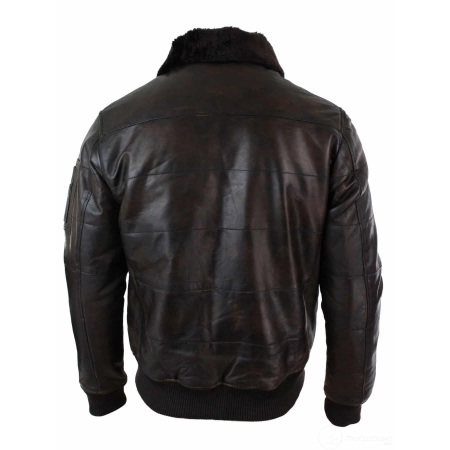 Mens Puffer Quilted Real Leather Pilot Fur Collar Bomber Jacket Black ...