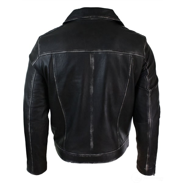 Mens Vintage Washed Black Real Leather Biker Jacket Rock Cross Zip ...