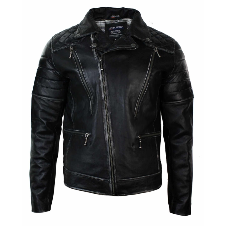 Real Leather Punk Rock Cross Zip Mens Biker Jacket Vintage Retro Effect ...