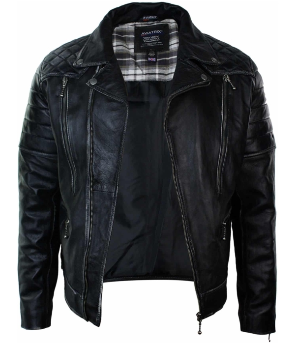 Real Leather Punk Rock Cross Zip Mens Biker Jacket Vintage Retro Effect