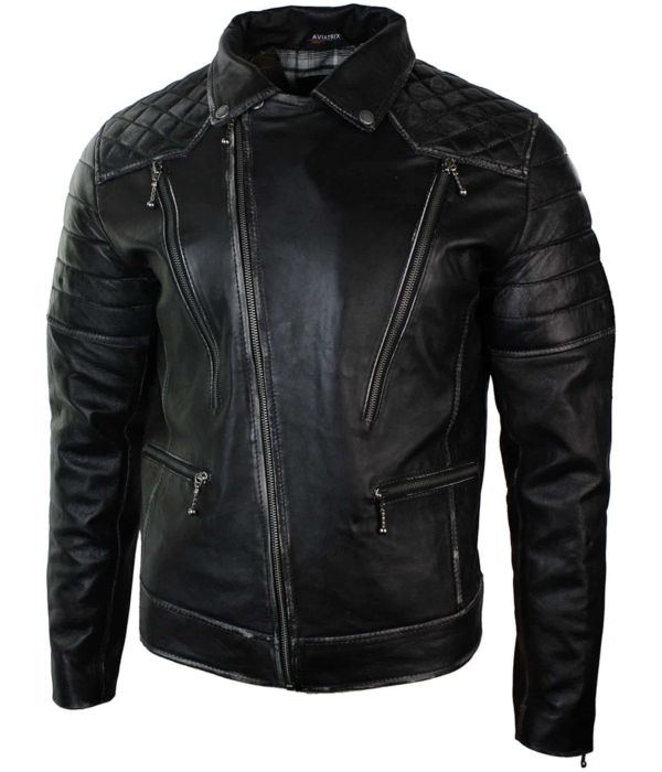 Real Leather Punk Rock Cross Zip Mens Biker Jacket Vintage Retro Effect