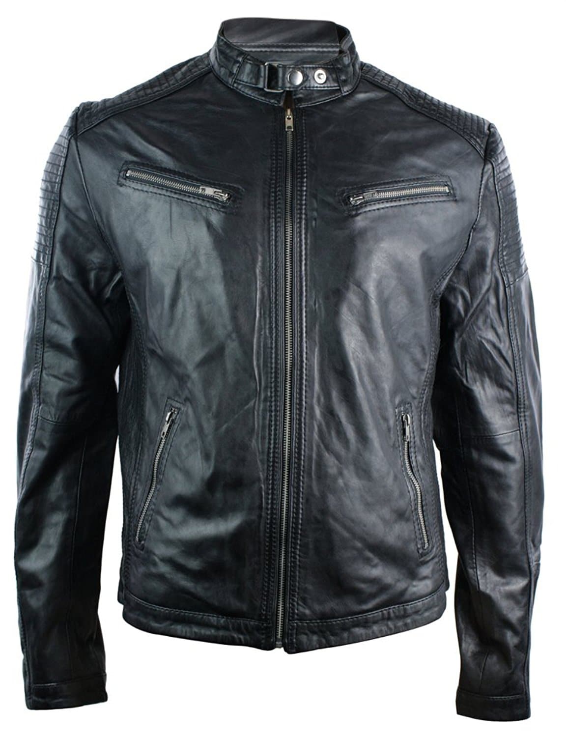 Real Leather Fitted Retro Style Zipped Mens Biker Jacket Tan Brown ...