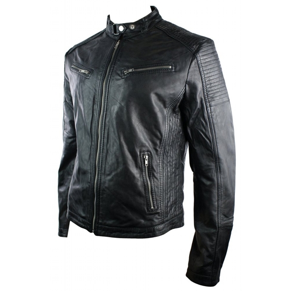 Echtes Leder Fitted Retro Style Zipped Herren Biker Jacke Tan Braun Nevada Timber Schwarz Urban-Black