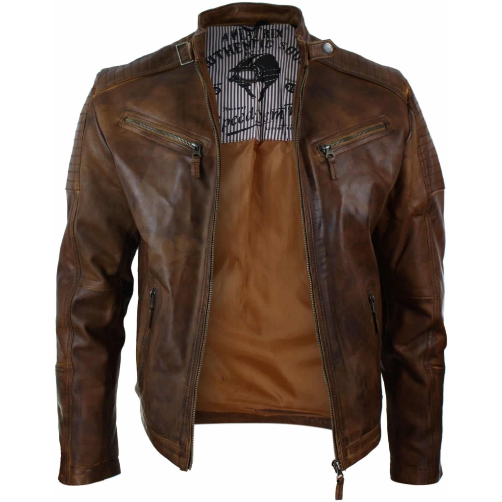 Real Leather Fitted Retro Style Zipped Mens Biker Jacket Nevada Timberk ...