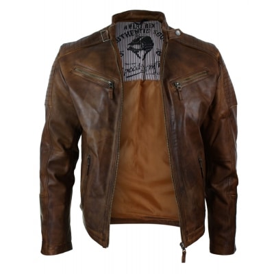 Real Leather Fitted Retro Style Zipped Mens Biker Jacket Nevada Timberk ...