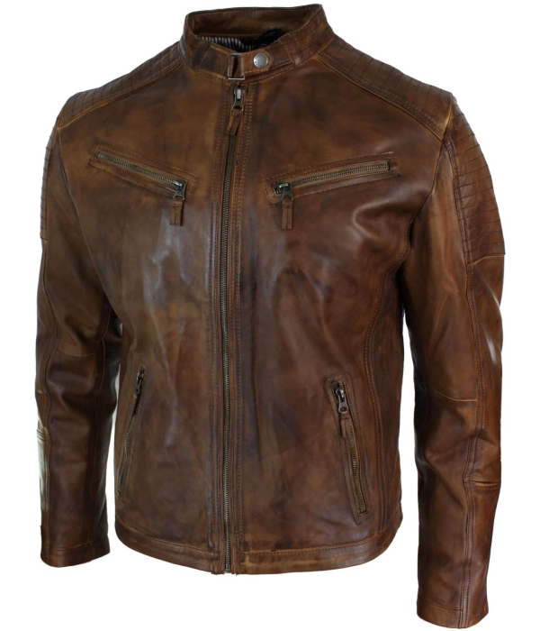 Real Leather Fitted Retro Style Zipped Mens Biker Jacket Nevada Timberk Urban