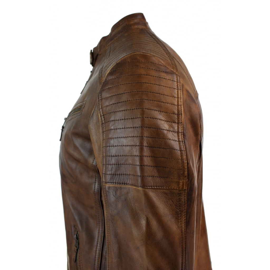 Real Leather Fitted Retro Style Zipped Mens Biker Jacket Nevada Timberk ...