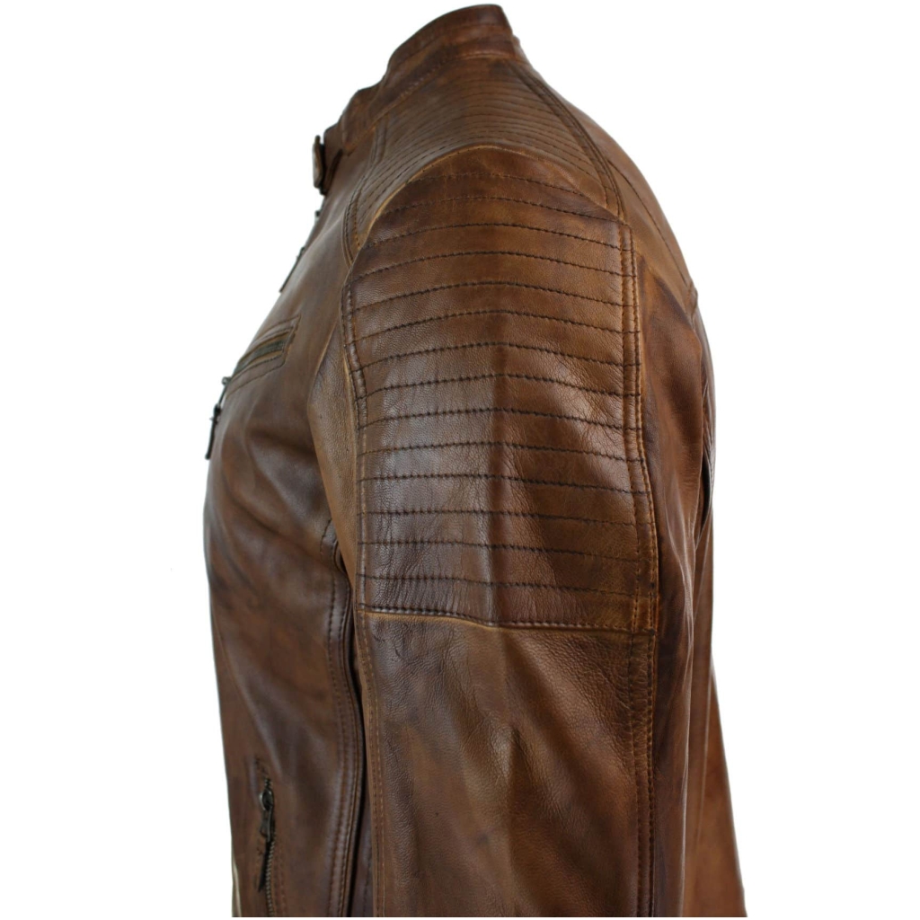 Real Leather Fitted Retro Style Zipped Mens Biker Jacket Nevada Timberk ...