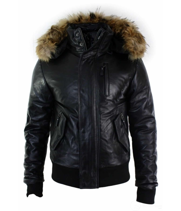 Mens Real Fur Hood Bomber Leather Jacket Black Puffer Padded-Black