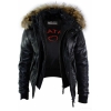 Mens Real Fur Hood Bomber Leather Jacket Black Puffer Padded-Black