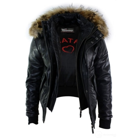 Mens Real Fur Hood Bomber Leather Jacket Black Puffer Padded-Black: Buy ...