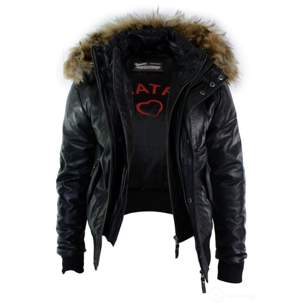 Mens Real Fur Hood Bomber Leather Jacket Black Puffer Padded-Black