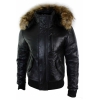 Mens Real Fur Hood Bomber Leather Jacket Black Puffer Padded-Black