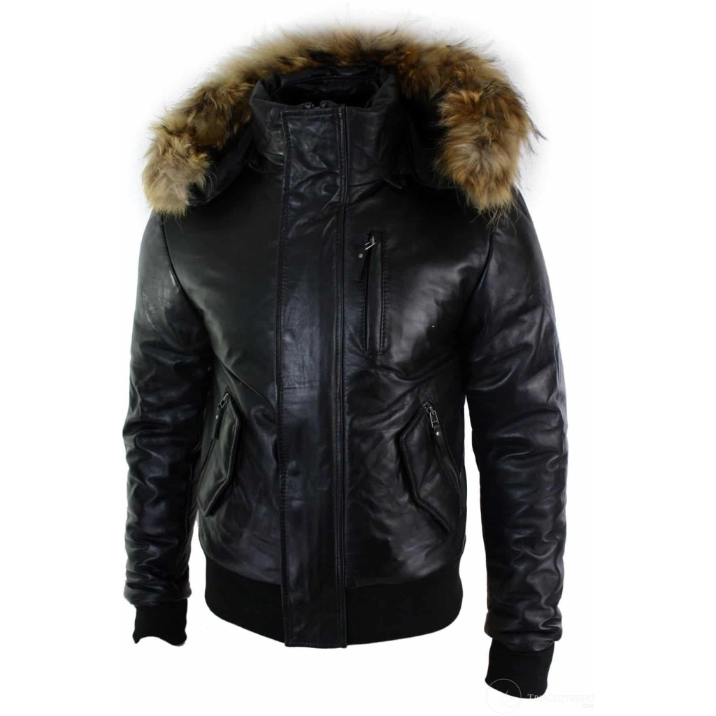 Mens Real Fur Hood Bomber Leather Jacket Black Puffer Padded-Black: Buy ...