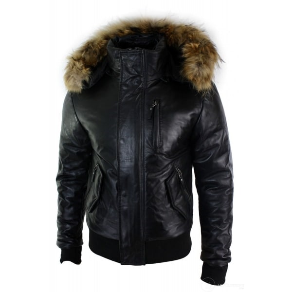 Mens Real Fur Hood Bomber Leather Jacket Black Puffer Padded-Black