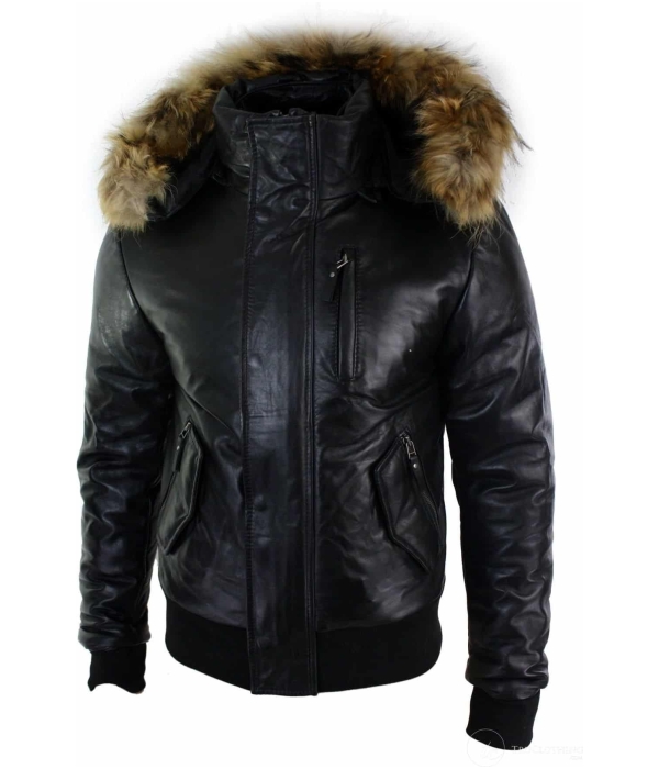 Mens Real Fur Hood Bomber Leather Jacket Black Puffer Padded-Black