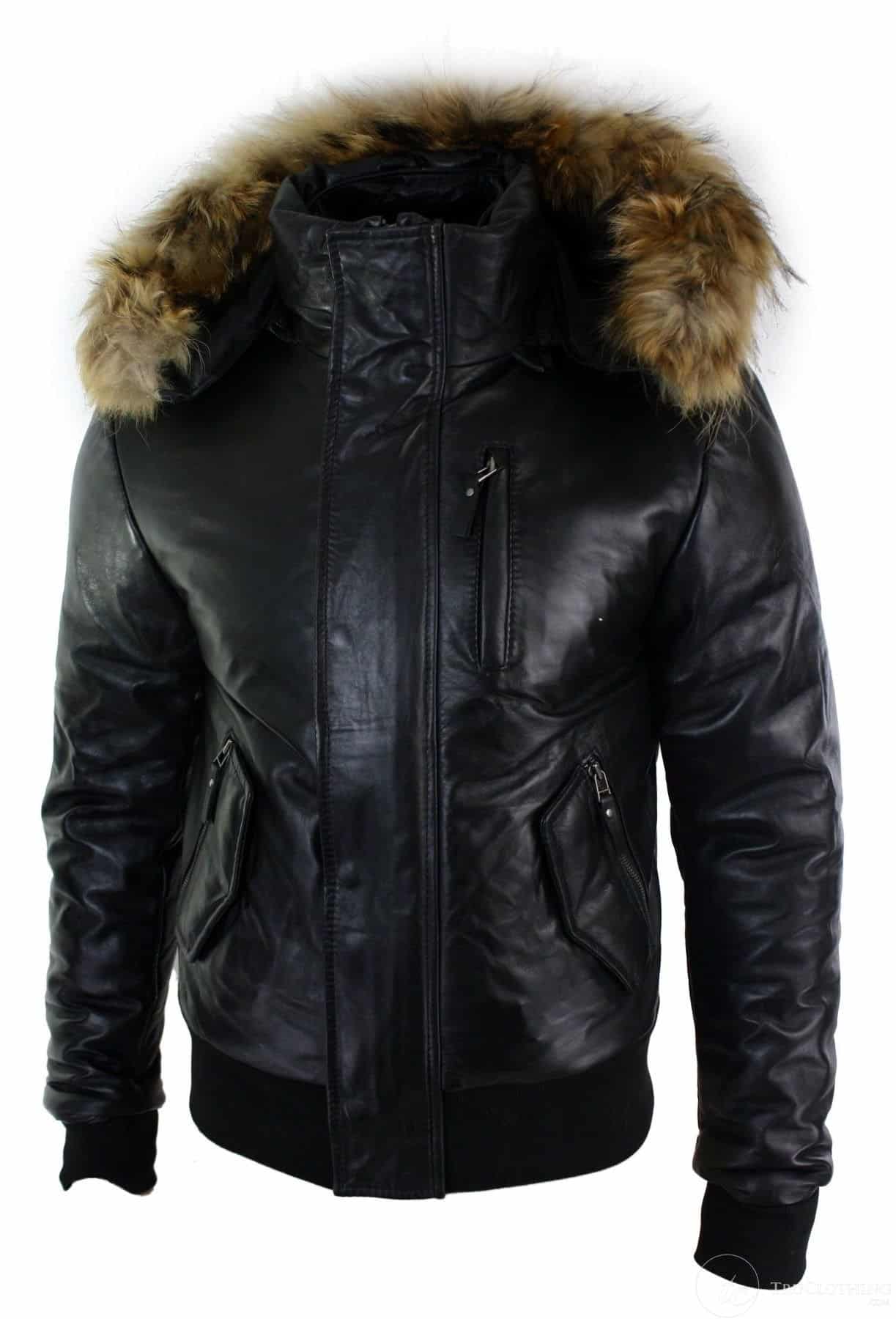 Mens Real Fur Hood Bomber Leather Jacket Black Puffer Padded-Black: Buy