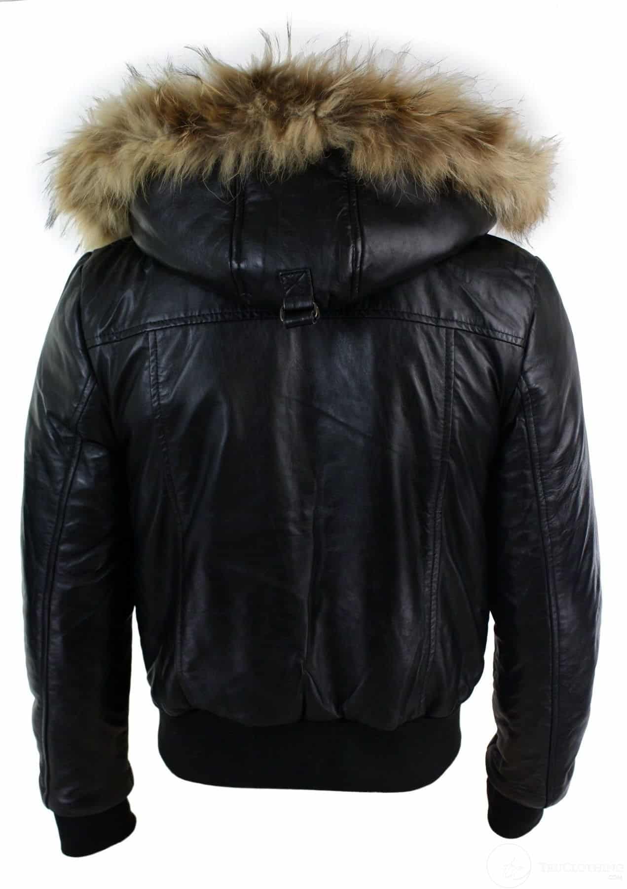 Mens Real Fur Hood Bomber Leather Jacket Black Puffer Padded-Black: Buy ...