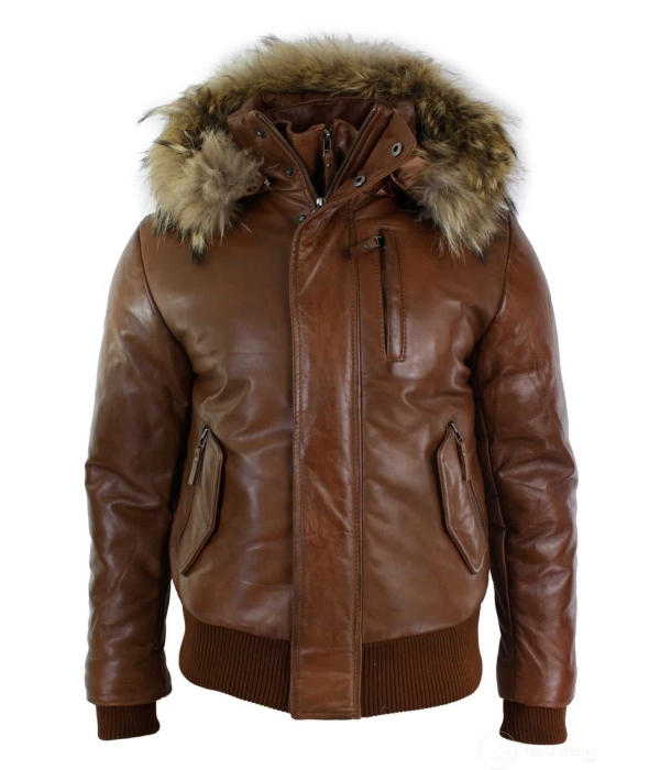 Mens Real Fur Hood Bomber Leather Jacket Black Puffer Padded-Tan