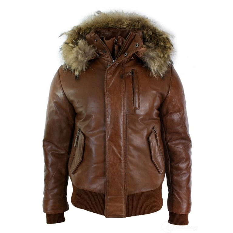 Mens Real Fur Hood Bomber Leather Jacket Black Puffer Padded-Tan: Buy ...