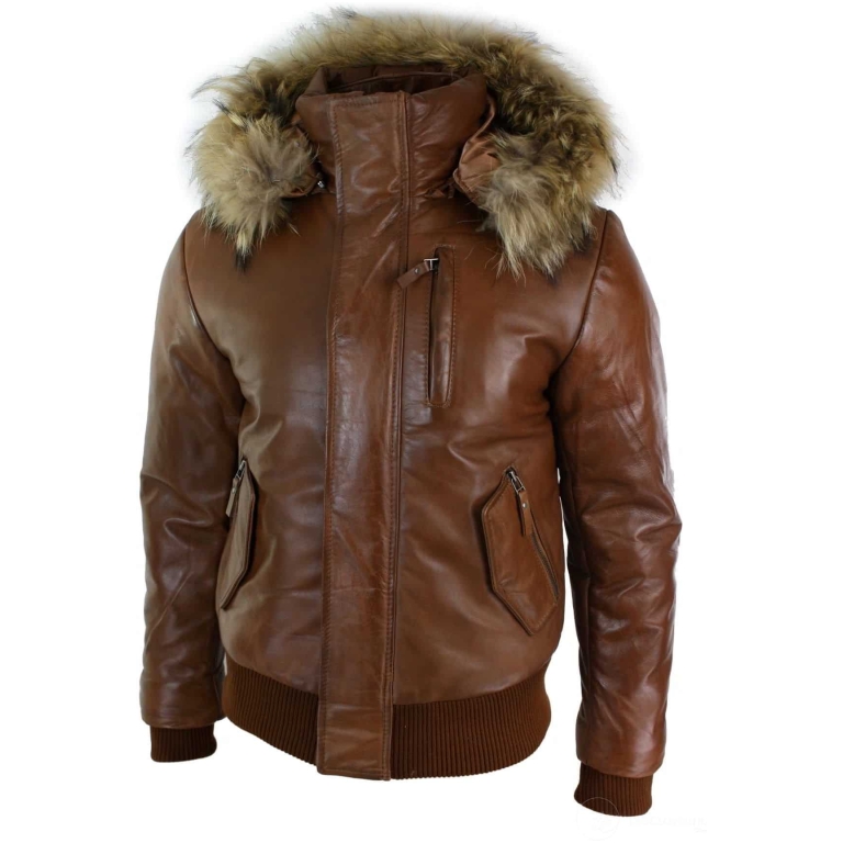 Mens Real Fur Hood Bomber Leather Jacket Black Puffer Padded-Tan: Buy ...