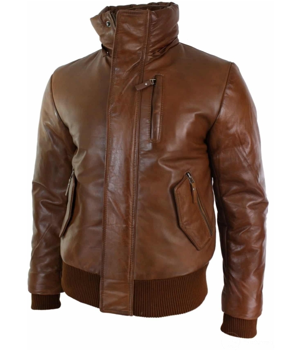 Mens Real Fur Hood Bomber Leather Jacket Black Puffer Padded-Tan