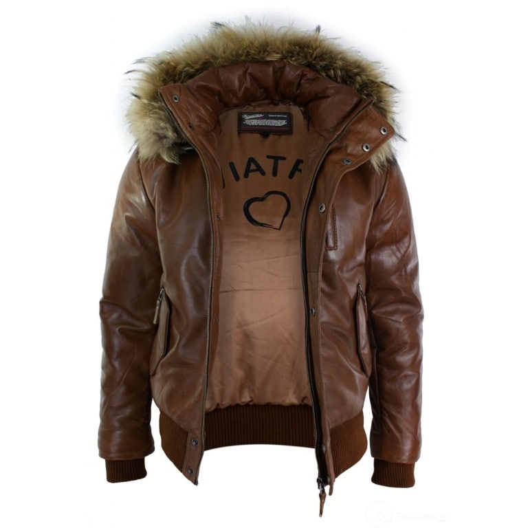 Mens Real Fur Hood Bomber Leather Jacket Black Puffer Padded Tan Buy Online Happy Gentleman 