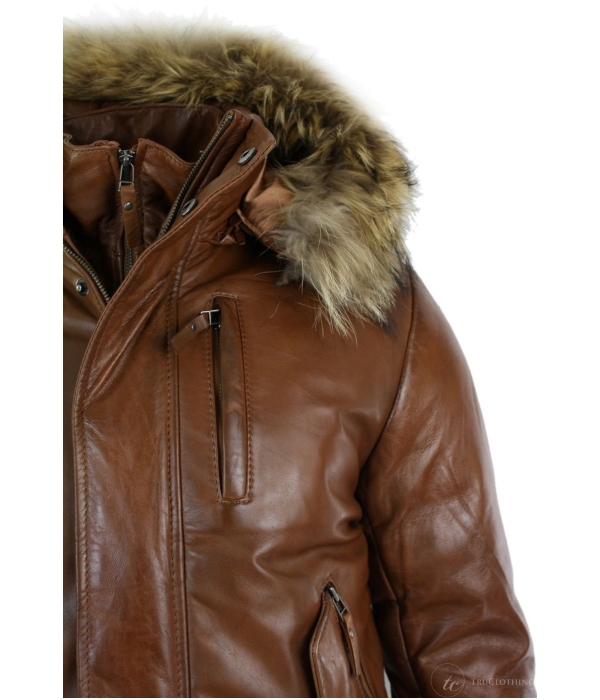 Mens Real Fur Hood Bomber Leather Jacket Black Puffer Padded-Tan