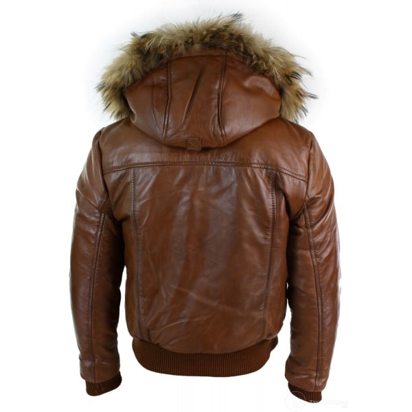 Mens Real Fur Hood Bomber Leather Jacket Black Puffer Padded-Tan