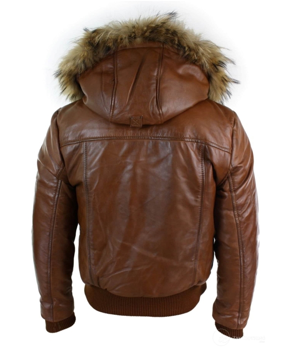 Mens Real Fur Hood Bomber Leather Jacket Black Puffer Padded-Tan