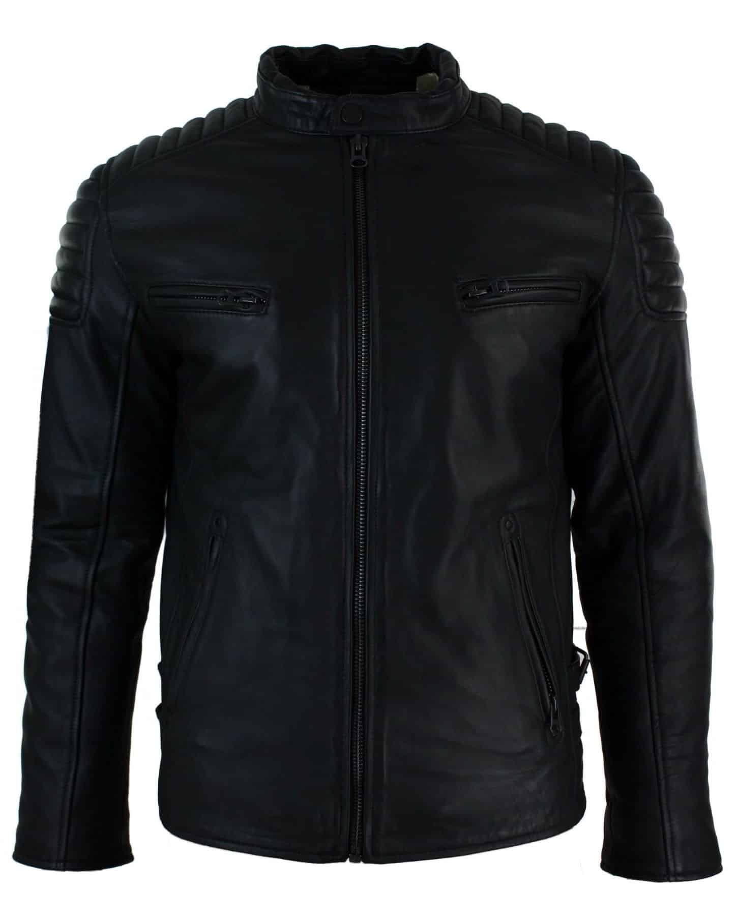 Mens Fitted Biker Washed Black Leather Quilted Shoulder Design Jacket ...