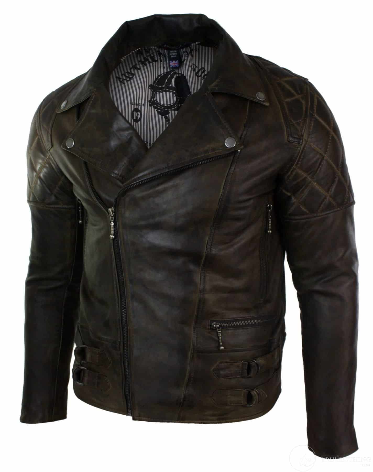 Real Leather Slim Fit Cross Zip Retro Vintage Brown Mens Biker Punk ...