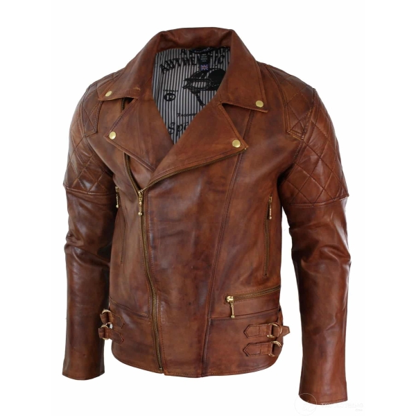 Real Leather Slim Fit Cross Zip Retro Vintage Brown Biker Punk Rock Mens Jacket-Nevada Timber